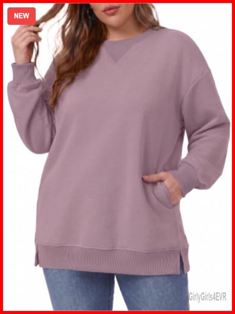 Plus Size Oversized Crew Neck Sweatshirt Tunic Length Side Pockets